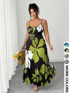 Plus Size Women's Summer New French Vintage Floral Spaghetti Strap Long Dress, Slimming Waist Oil Painting Vacation Dress, Casual Fashion