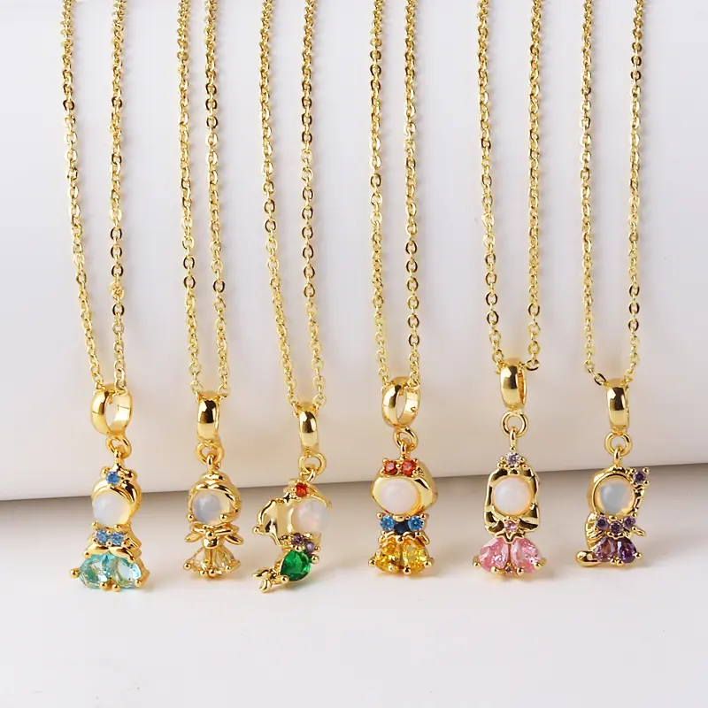 Little Princess Gold-Plated Stainless Steel Clavicle Chain, Fantasy Princess Pendant 1, Colorful Zircon Accents, Casual Sweet Temperament Costume Jewelry