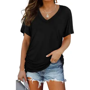 Womens Summer T-Shirts Short Sleeve V Neck Dolman Tops with Side Shirring Loose Fit Shirts Spring Fashion
