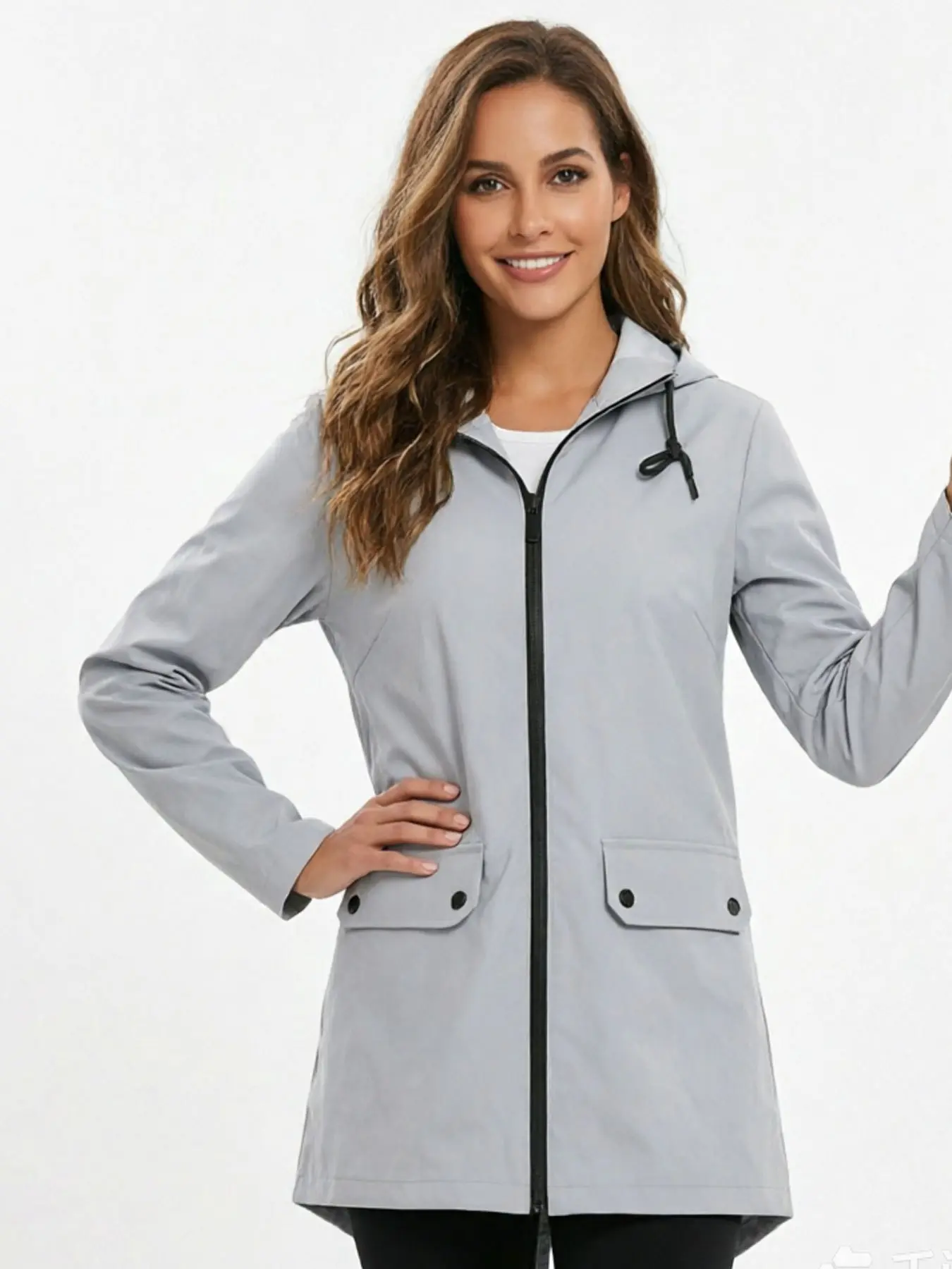 Light Gray Women Hooded Waterproof Windbreaker Drawstring Zip Pocket Outdoor Commute Rain Jacket Outerwear