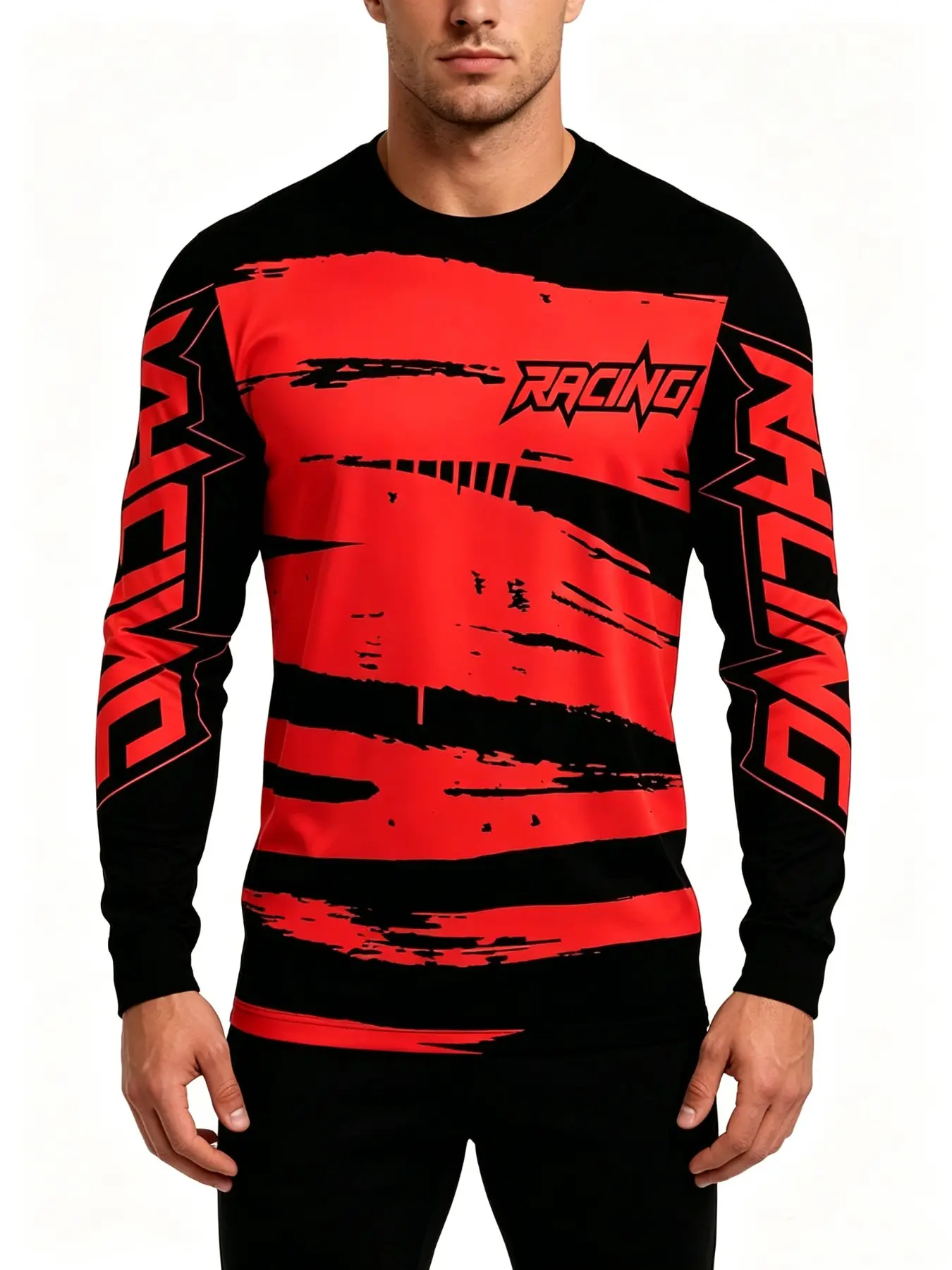Men's Racing Brush Stroke Graphic Long Sleeve Slim Fit Sport Top, Quick Dry Breathable Motorcycle Riding Jersey, Lightweight Off Road Street Training Tee, Multi Color Bold Print Outdoor Casual Shirts For Adult Male Riders.