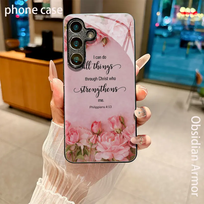 Tempered Glass Phone Case for Samsung Galaxy S26-S25-S24-S23-S22 Pro-S21-S20 FE Plus Ultra Pro, A56-A55-A54-A53-A52-A51-A36-A35-A34-A32-A26-A25-A24-A23-A16-A15-A14-A06-A05-A03s - Floral Roses, Script Quote, Inspirational Scripture Art Design, Accessories,