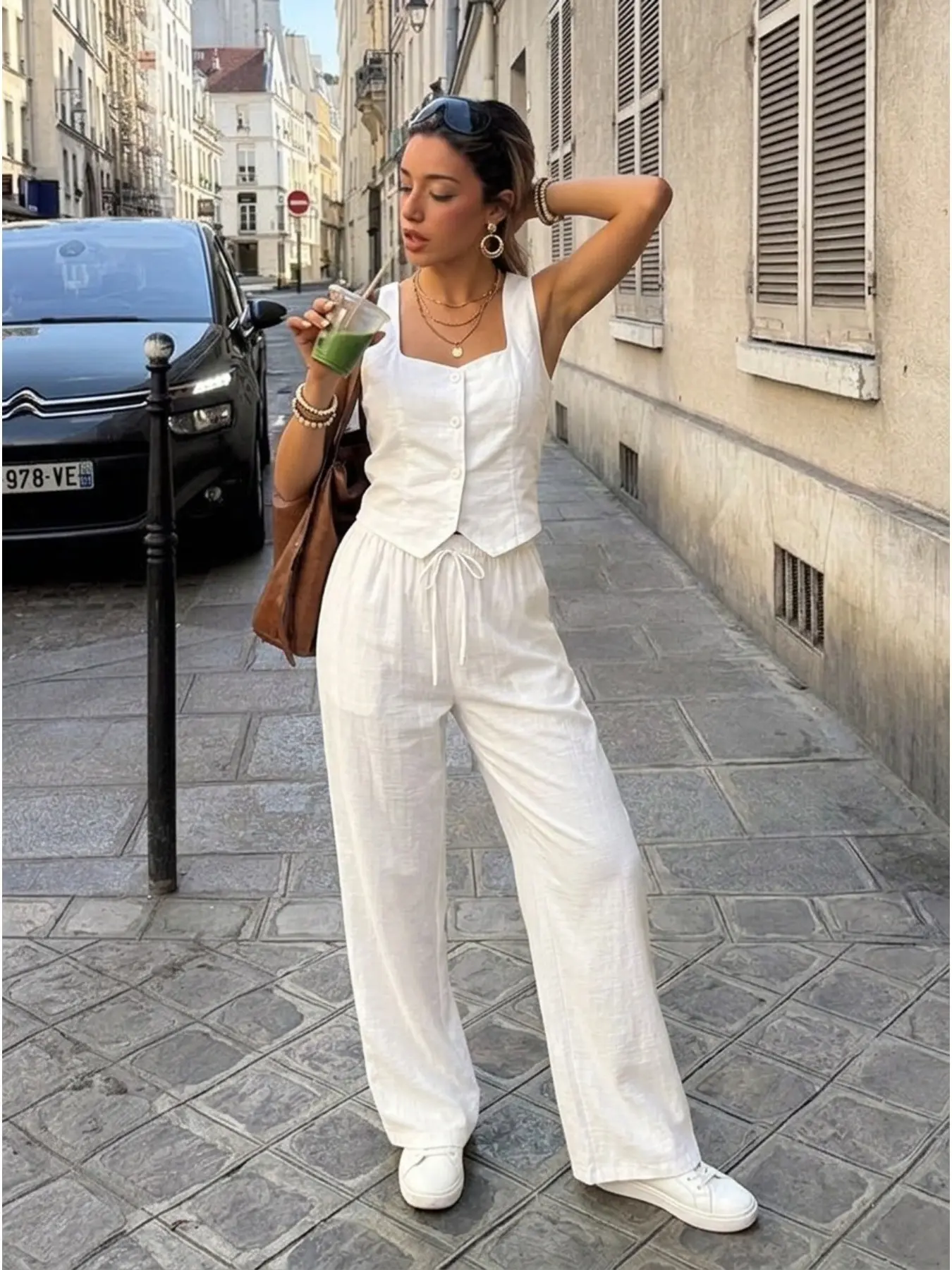 Regular Size Solid Sleeveless Tank Top & Wide Leg Pants Matching Two Piece Set For Women, Breathable Loose Slim Figure-Flattering Daily Commute Outfit
