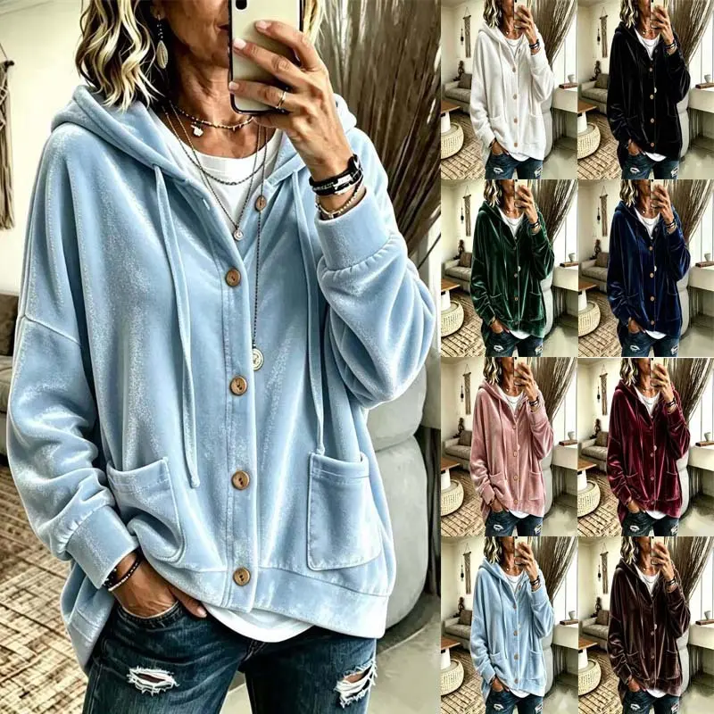 Women’s Velvet-Look Hooded Cardigan, Button-Front Long Sleeve Jacket with Pockets for Fall, Winter, Travel, Lounge and Casual Daily Wear