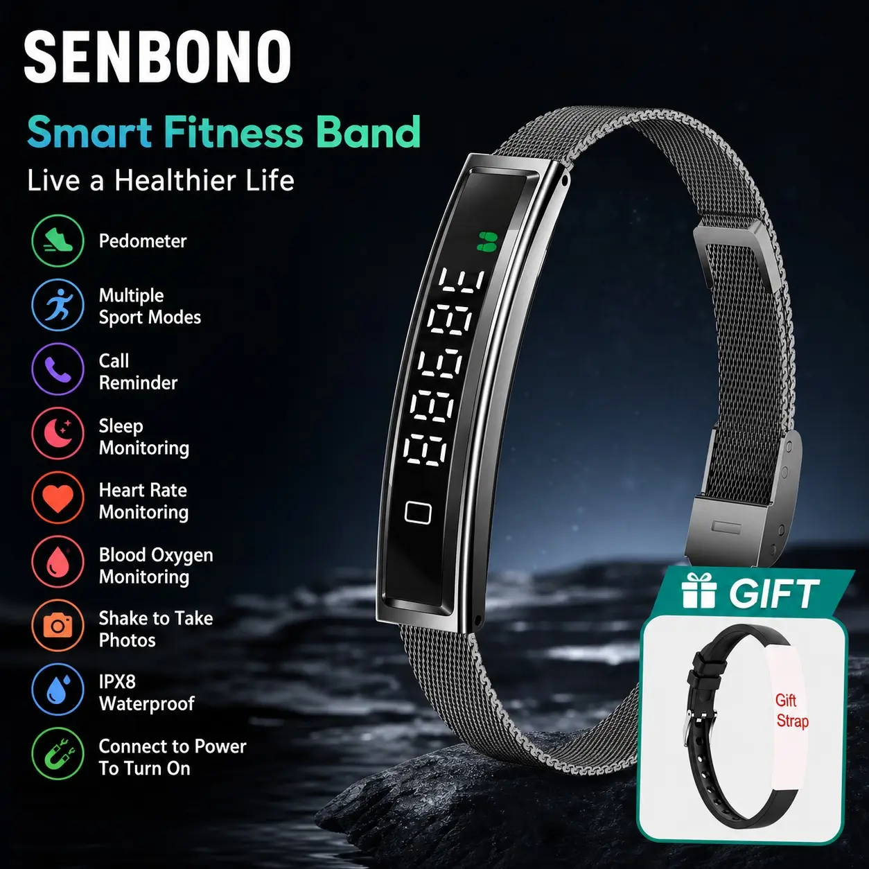 SENBONO Smart Band, Ultra-Lightweight 16.5g, Long Battery Life, Heart Rate & Blood Oxygen Monitoring, Menstrual Cycle Reminder, Shake-To-Photo Control