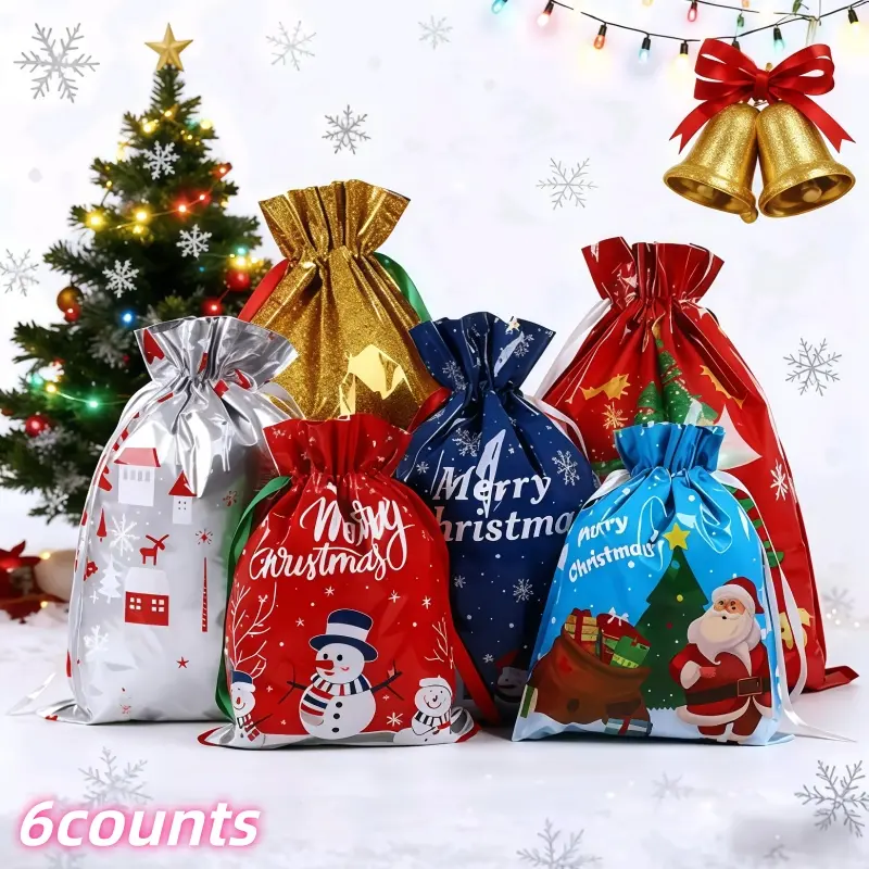 Christmas Gift Bags Set with Ribbons, Drawstring Party Size, Holiday Gift Wrapping Supplies, Candy Storage Pouches, Christmas Present Bags