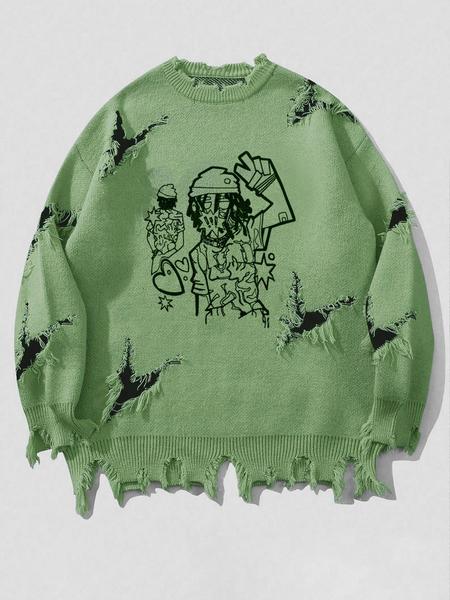 Men's Pattern Sweaters Retro Gothic Long Sleeve Crew neck Pullover knitted Top, Knitwear Tops, Grunge Skull Dollars Design, Aesthetic Gesture Warm Loose Fit Comfortable Jumper,Daily life,Hip-hop, Street wear, Going Out, Halloween Fall Winter Clothes