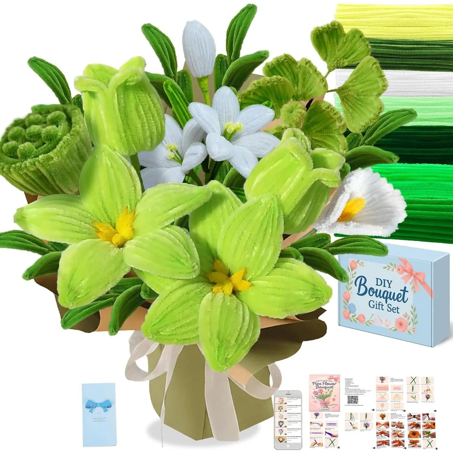 Pipe Cleaner Flower Kit with 35+ Video Tutorial Chenille Stems Craft DIY Green Hydrangea  Tree & Green Leaves with Storage  Box for Beginners & Summer Crafts