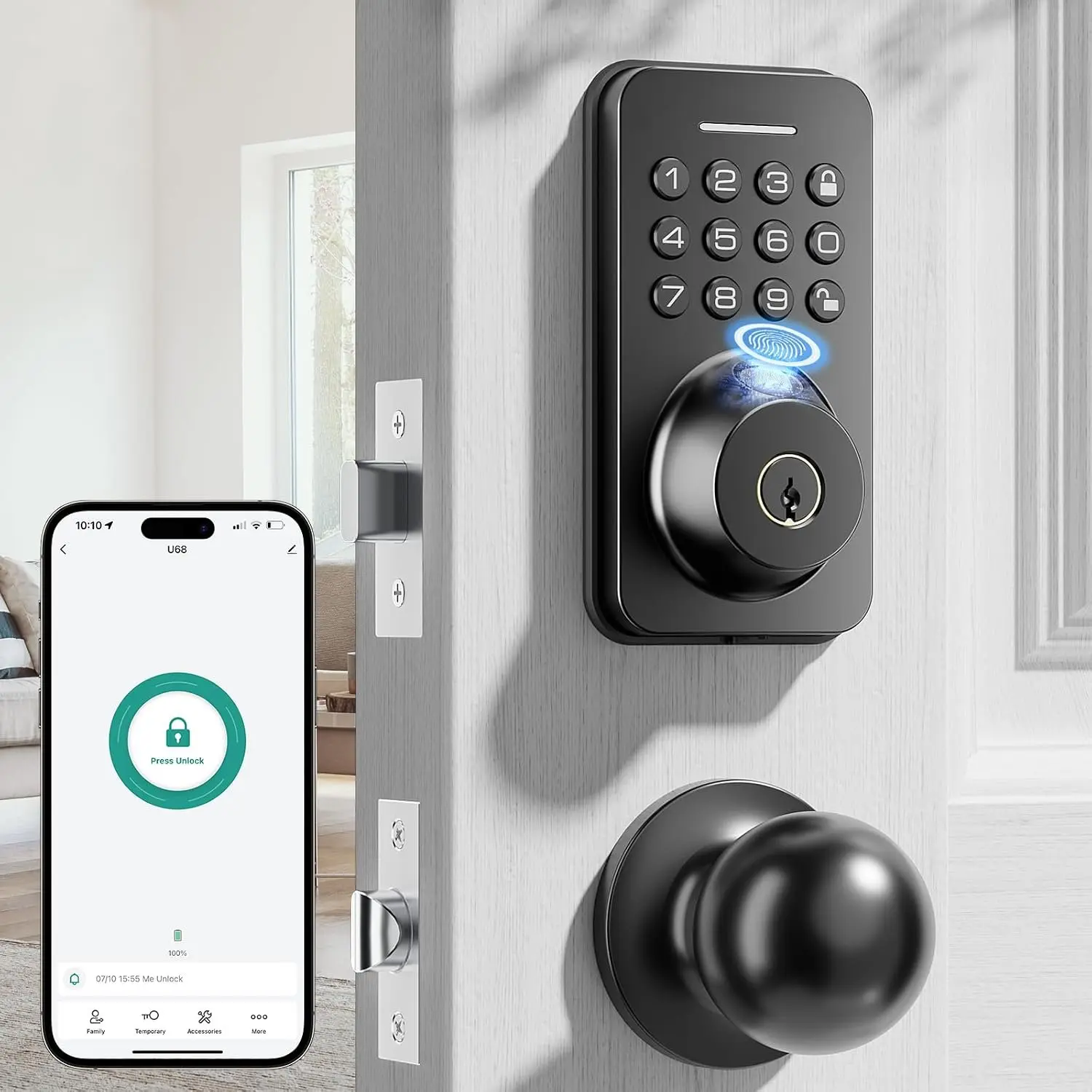 Fingerprint Keypad Deadbolt with Knob Set, Keyless Entry Door Lock with App Control, Door Locks for Front Door, Auto Lock&- Lock, 100+ User Codes&5 , Easy Installation, Matte Black
