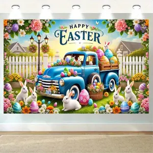 Happy Easter Bunny Eggs Background Backdrop Spring Floral Rabbit Scene Banner Tapestry Wall Hanging Photography Background Polyester Fiber for Easter parties, spring events, family gatherings, photo studio props