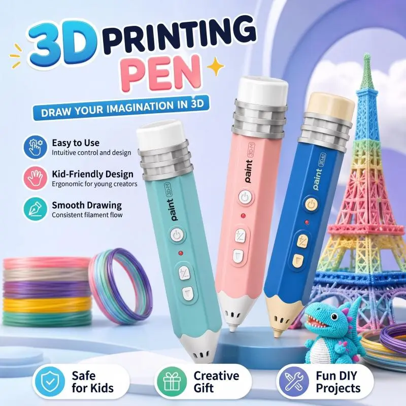 [Safe STEM Back to School Gift] Kid-Friendly 3D Printing Pen for Ages 5+, Beginner-Friendly Rechargeable DIY Art Tool with Colorful PLA Filaments, Stencil Book, Guide, Batteries for 3D Creation art toy printed pen stem pen 3d printer pen for kids wireless