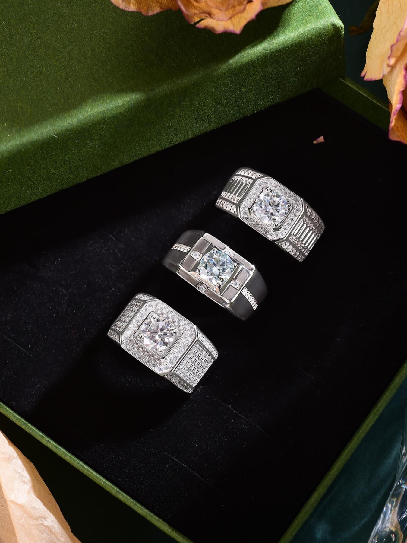 925 Sterling Silver Men's Elegant Synthetic Moissanite Ring, Cuban Moissanite Ring, Solitaire Ring, Exquisite Trendy Engagement Ring, Fashionable Jewelry Accessories for Men As Wedding Gift