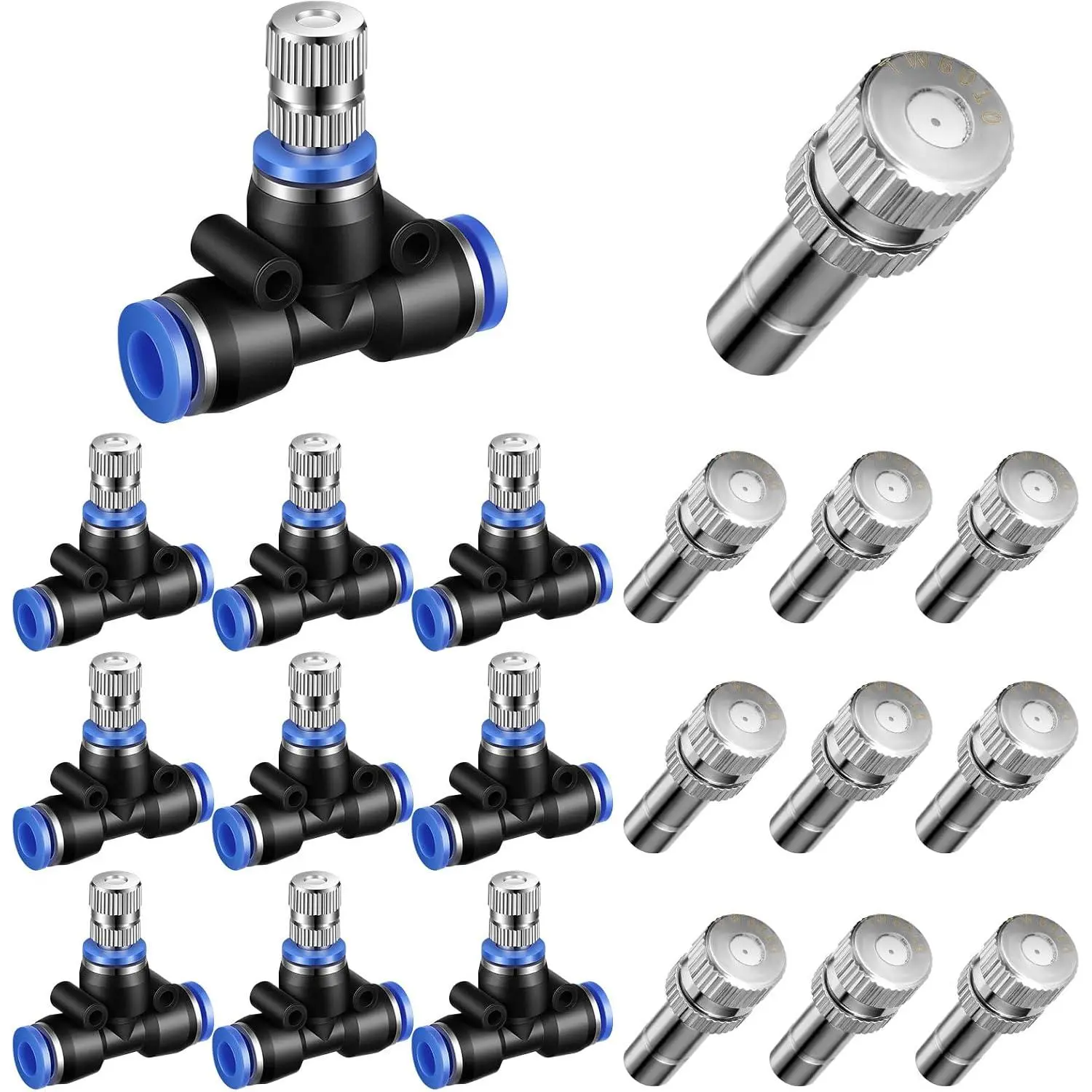 20 count Brass Misting Nozzles  Kit, 0.024"/0.6mm Orifice Mister Heads with 1/4" Water Misting Nozzle Tees Sprayer for Outdoor Cooling System Patio Garden Greenhouse(Two Section)