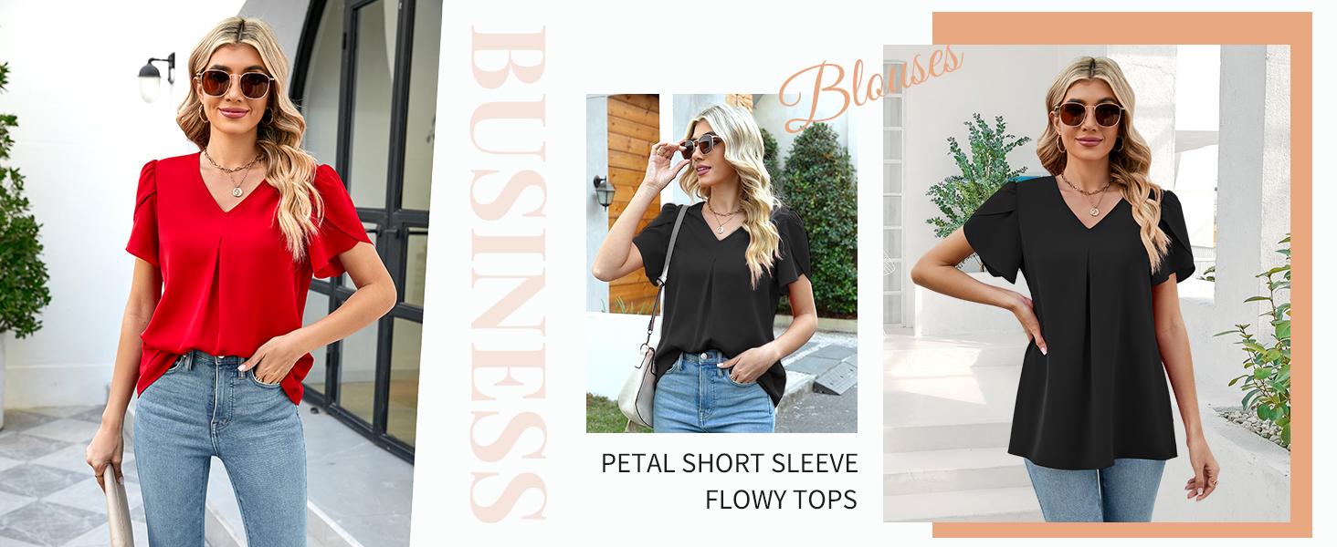 Women's Summer Tops Short Sleeve Dressy Chiffon Blouses V Neck Work Tunic Tops Casual Loose T-Shirts with Pleated Stitched A-Line Design #Springfresh