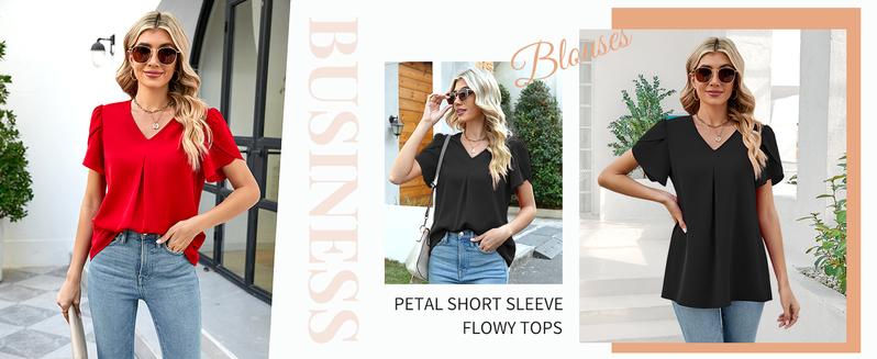 Women's Summer Tops Short Sleeve Dressy Chiffon Blouses V Neck Work Tunic Tops Casual Loose T-Shirts with Pleated Stitched A-Line Design #Springfresh