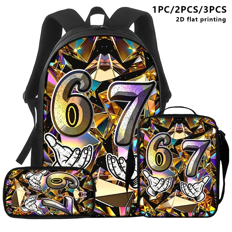 1pc/2pcs/3pcs Backpack, Shoulder Bag, And Pouch with Holographic Geometric Background, '67' Numerals And Hand Gestures Via Ing; Ideal for Stylish Adults in Daily Commute, Travel, Or Work/Study