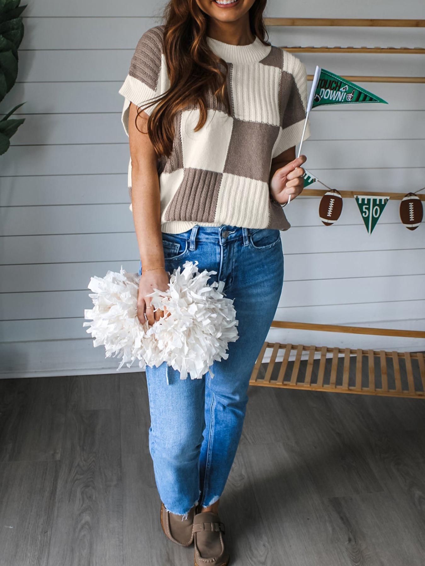 Women's Plaid Pattern Round Neck Sweater, Casual Slim-fitting Jumper for Daily Wear, Ladies Knitwear for All Seasons, Cozy Breathable Outfits