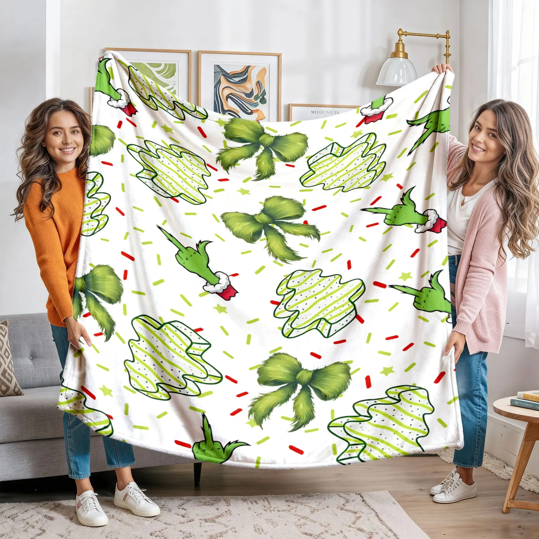 Grinch Middle Finger Flannel Blanket, Funny Monster Bow & Striped Cake Print, Humorous Christmas Decor Gift for Holiday Party