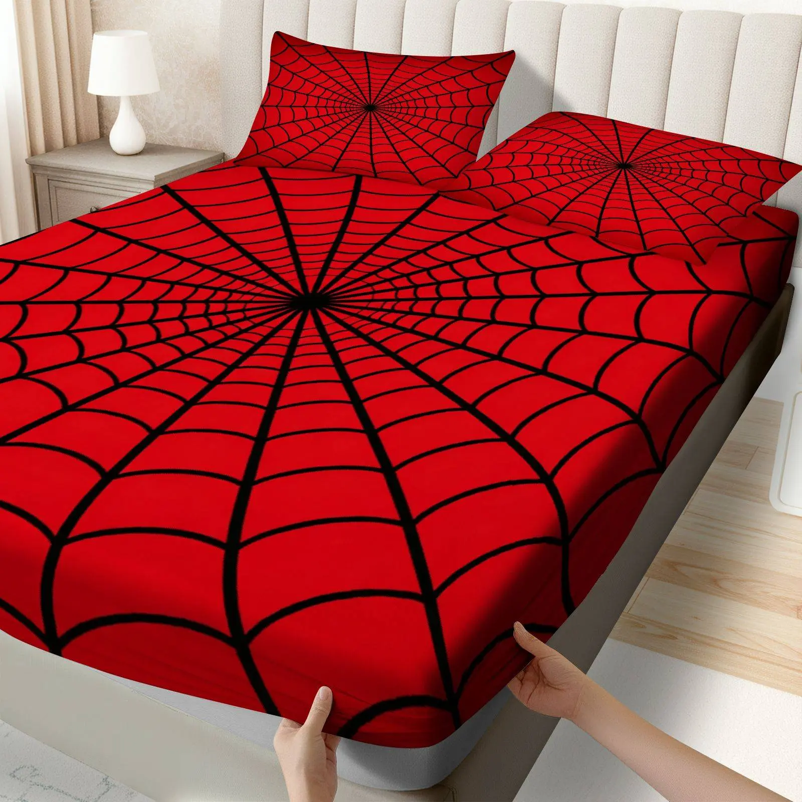 Spooky Spider-Themed Black Queen Size Bed Sheet Set (3-Piece: 1 Bed Sheet + 2 Pillowcases, No Inserts), Halloween Bedding, Soft Fabric Breathable Cover, Ultra-Soft Polyester, All-Season Durable Bedroom Linen Ideal Gift
