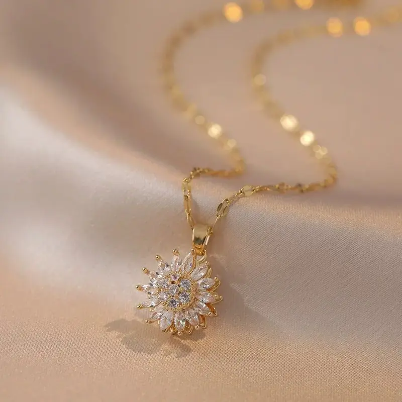 Spinning Sunflower Pendant Necklace, Feminine Crystal Fidget Jewelry for Women, Anxiety Relief Accessory and Thoughtful Gift, Casual, Comfortable, Crystal Flower Detail, Daily, Office, Neck Chain, Drop Pendant Necklace