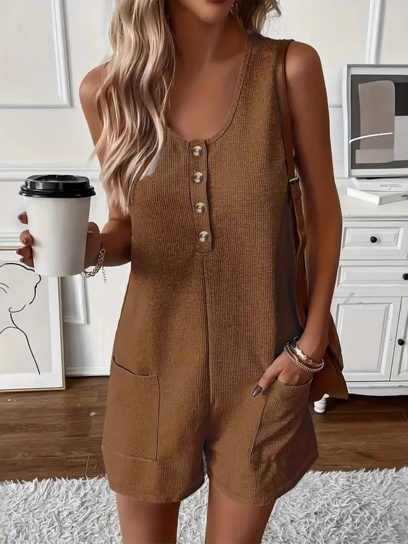 2026 Summer New Women's Casual Comfy Button Pocket Jumpsuit, Sleeveless Vest Romper, Fashion, Chic, Minimalist, Trendy and Comfortable, Plain Button Jumpsuit
