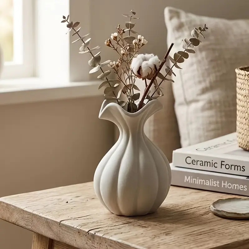 Matte Vertical Groove Lotus Mouth Ceramic Small Vase, Desktop Dried Flower Hydroponic Mini Decorative Vase, Elegant Home Decoration