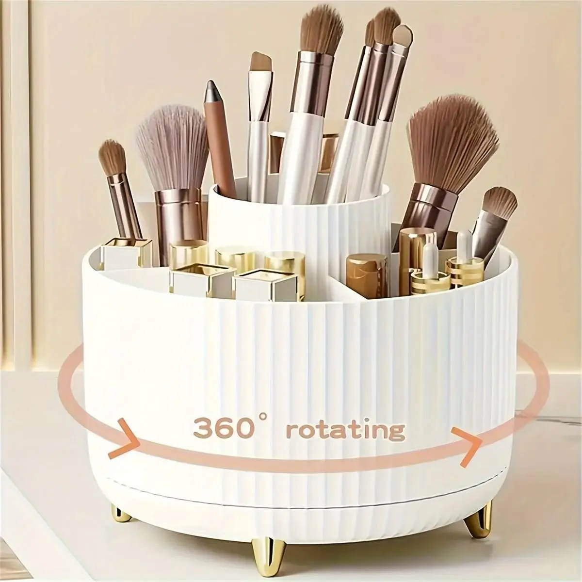360° Rotating Desktop Organizer Box, 5-compartment storage holder for makeup brushes lipstick and office stationery, spinning desk organizer for vanity table, office desk and study space organization essentials