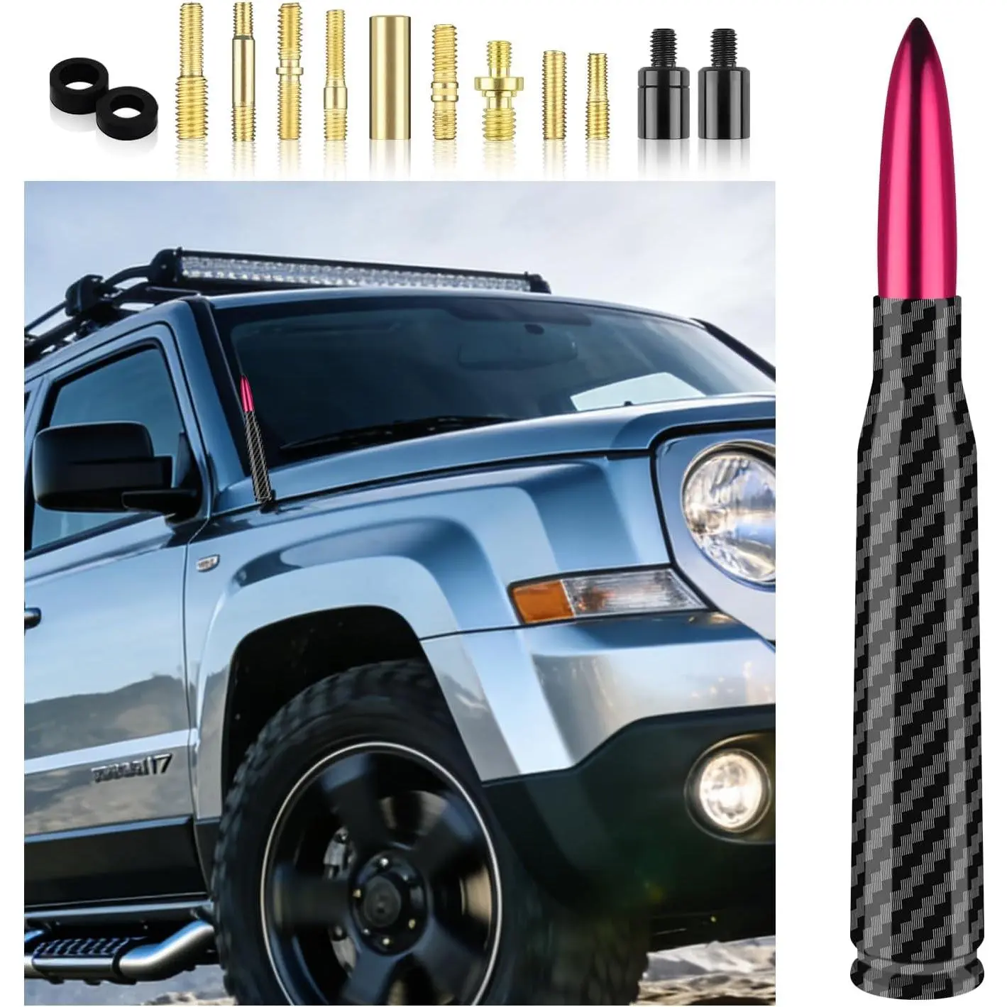 Car Bullet Antenna with 13 Car Antenna Replacement Accessories,Carbon Fiber Car Antenna for Car Decoration,Truck Antenna Compatible with Chevrolet Dodge Toyota GMC Jeep Ford (Pink)