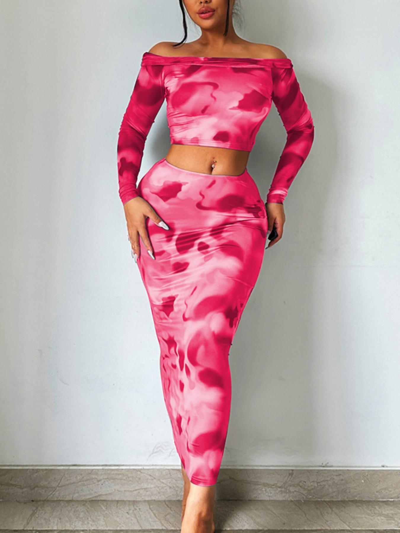 Women's All Over Print Skirt Set, Elegant Chic Off Shoulder Crop Long Sleeve Top & High Waist Bodycon Skirt Set, Fashion Casual Two Piece Outfits for Party Club Dating, Ladies Clothes for All Seasons Valentine's Day, Gift