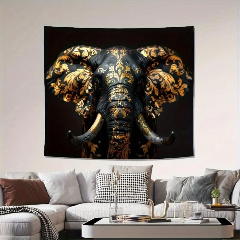 [Vintage Elephant Tapestry] Polyester Vintage Golden-Accented Elephant Tapestry - Wall Hanging for Living Room, Bedroom, Office Decor & Party Backdrop