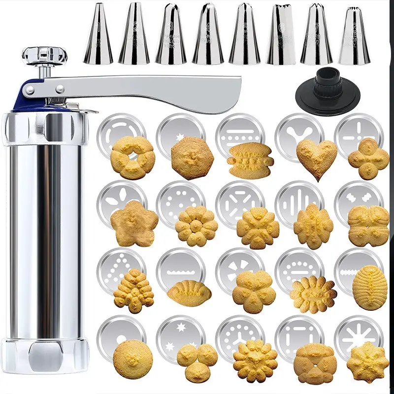 29-Piece Stainless Steel Cookie Cutter Set, Manual Biscuit Press Gun, 20 Shapes + 8 Tips, DIY Cookie Maker, Cake Decoration Tools