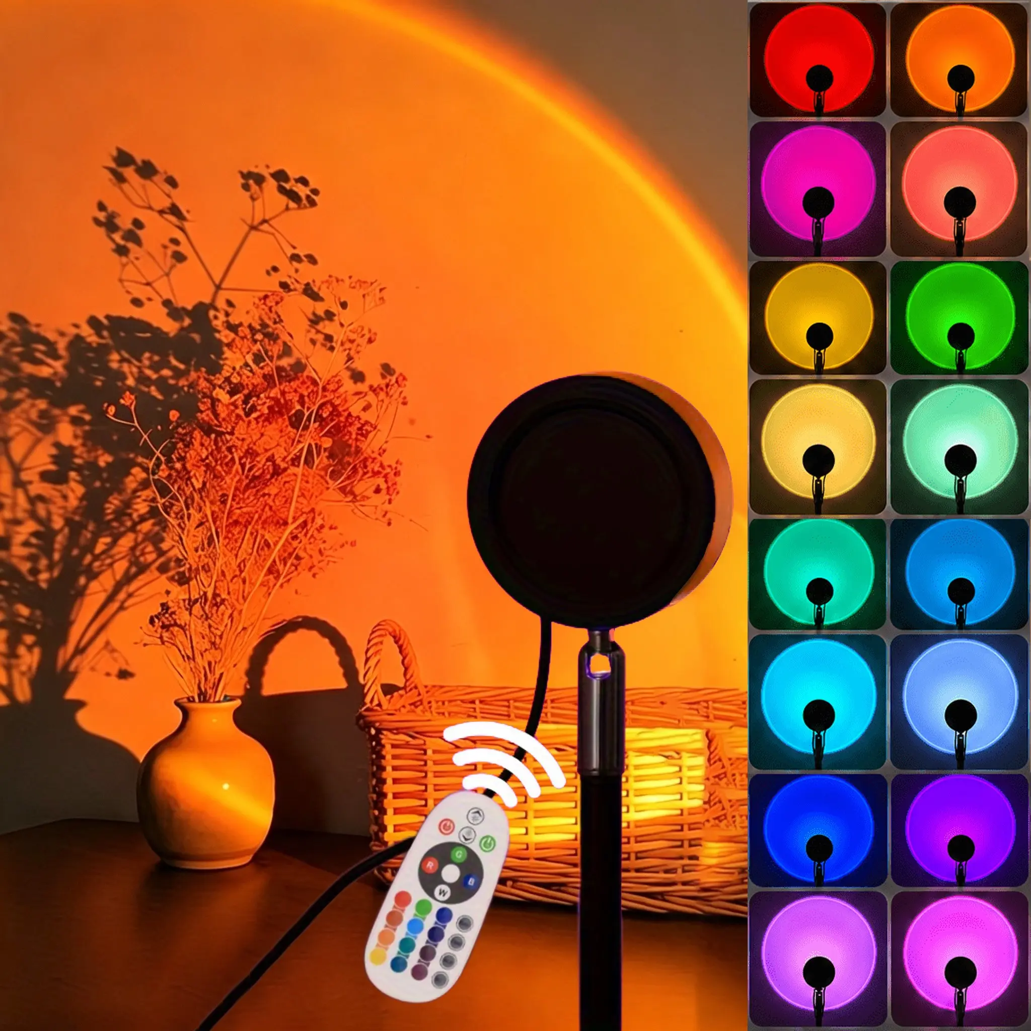 16 color LED Sunset Projection Light with Remote Control - Vibrant RGB Sun and Sunrise Light, with 4 Modes, Suitable for Photography, Selfies, Parties, Bedrooms, Weddings, Camping, Valentine's Day, Halloween, Christmas Decoration, and Sunset Lighting