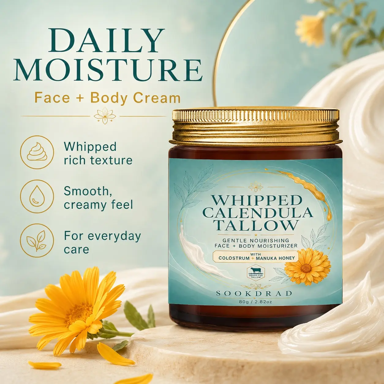 Whipped Calendula Tallow, with colostrum, with manuka honey, grass-fed tallow, gentle nourishing moisturizer, for face and body, 80g/2.82oz