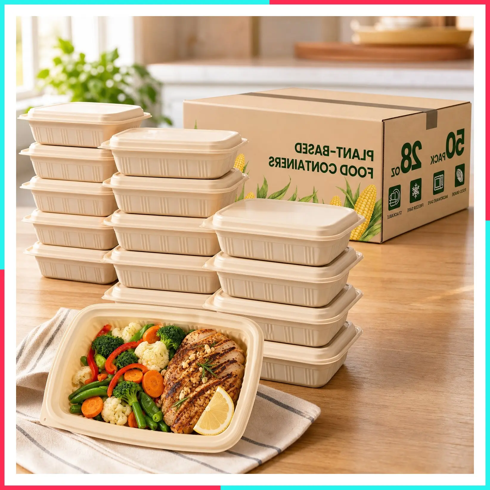 100 Piece (50 Pack) 28 oz Meal Prep Containers with Lids, Plant-Based Cornstarch Food Storage Containers for Salad, BPA-Free Plastic Takeout Containers, Microwave & Freezer Safe