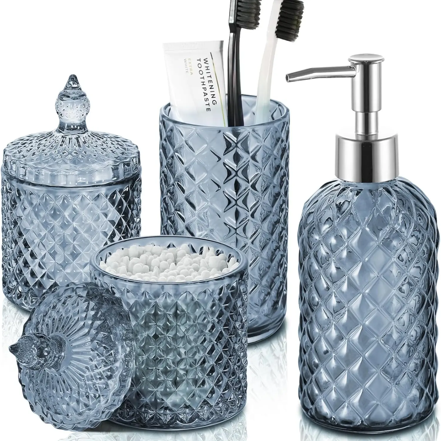 Blue Bathroom Accessories Set, 4 Pack Light Blue Bathroom Decor Accessory Sets Complete, Diamond Glass Soap Dispenser and Toothbrush Holder Set for Bath Counter Organizer Essentials