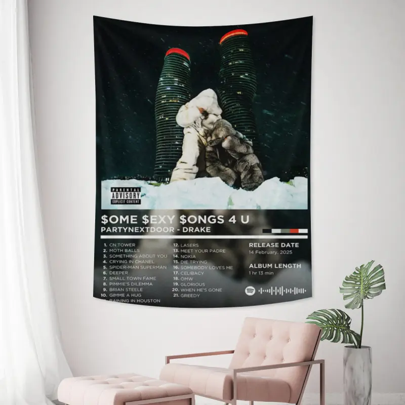 PartyNextDoor Drake Album Tapestry Some Sexy Songs 4 U Tracklist Poster, Print, Modern OVO R&B Music Merchandise, Aesthetic Streaming Vinyl Cover Wall Hanging Wall Decoration for Dorm Room