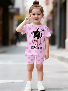 Girls Cute Black Cat Graphic Outfit Pink Polka Dot Tee + Elastic Biker Shorts Summer Set