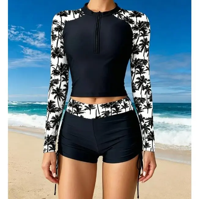 Black & White Palm Print Rash Guard Swimwear Set - Long Sleeve Half-Zip Top with Drawstring Swim Shorts, Perfect for Water Sports, Beach Days and Pool Activities Summer Vibes