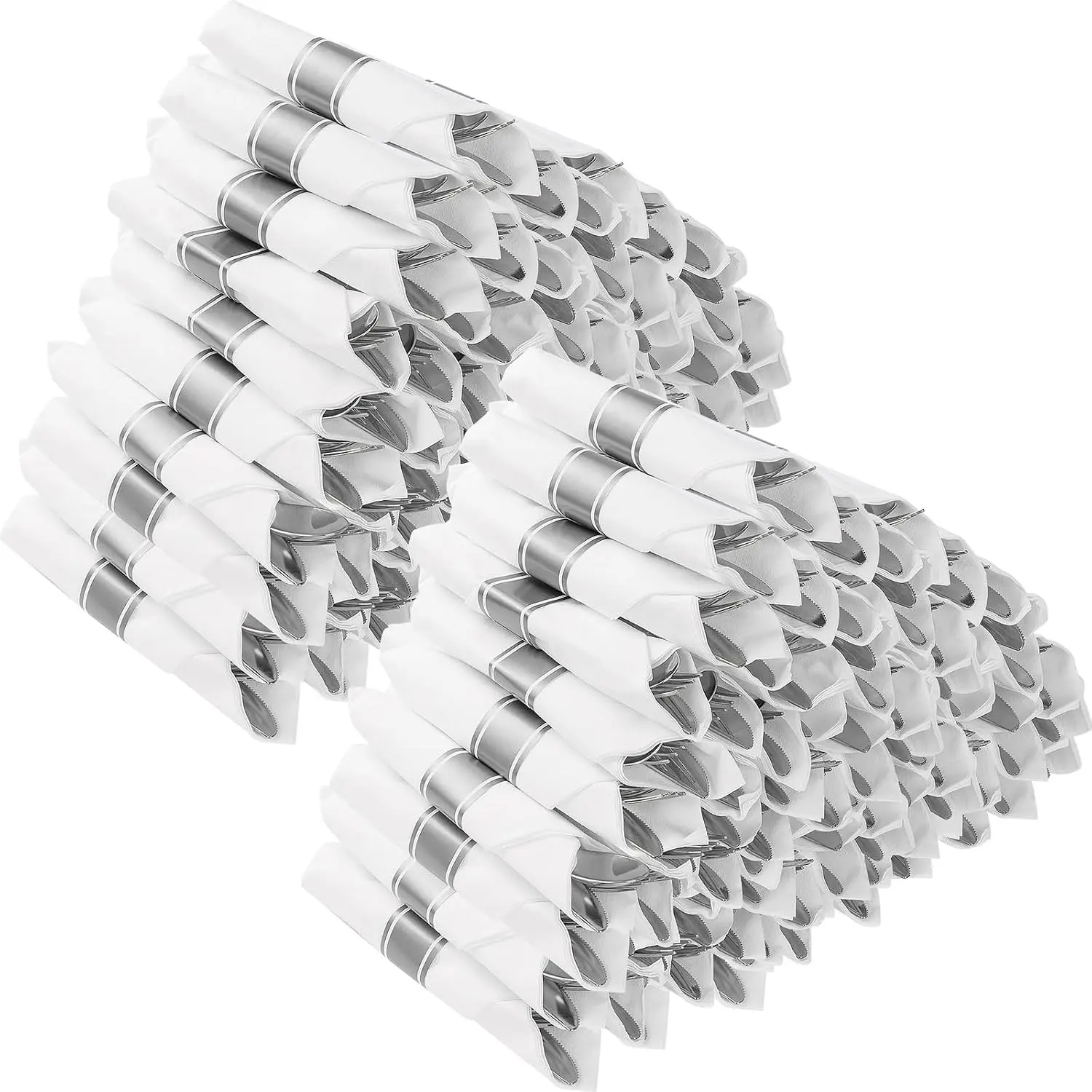 100 Pack Pre Rolled Silver Plastic Silverware, Wrapped Cutlery - Includes 100 Forks, 100 Knives, 100 Spoons and 100 Napkins, Disposable Silverware for Party and Wedding