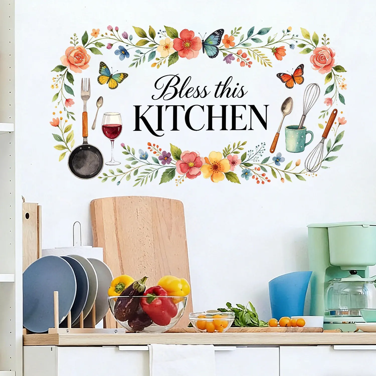 Watercolor Floral Butterfly Kitchen Wall Sticker, Blessthiskitchen Slogan Decorative Peel off Wallpaper, Easy to Apply & Remove, Wall Decal, Flower Wall Stickers, Wall Art Stickers