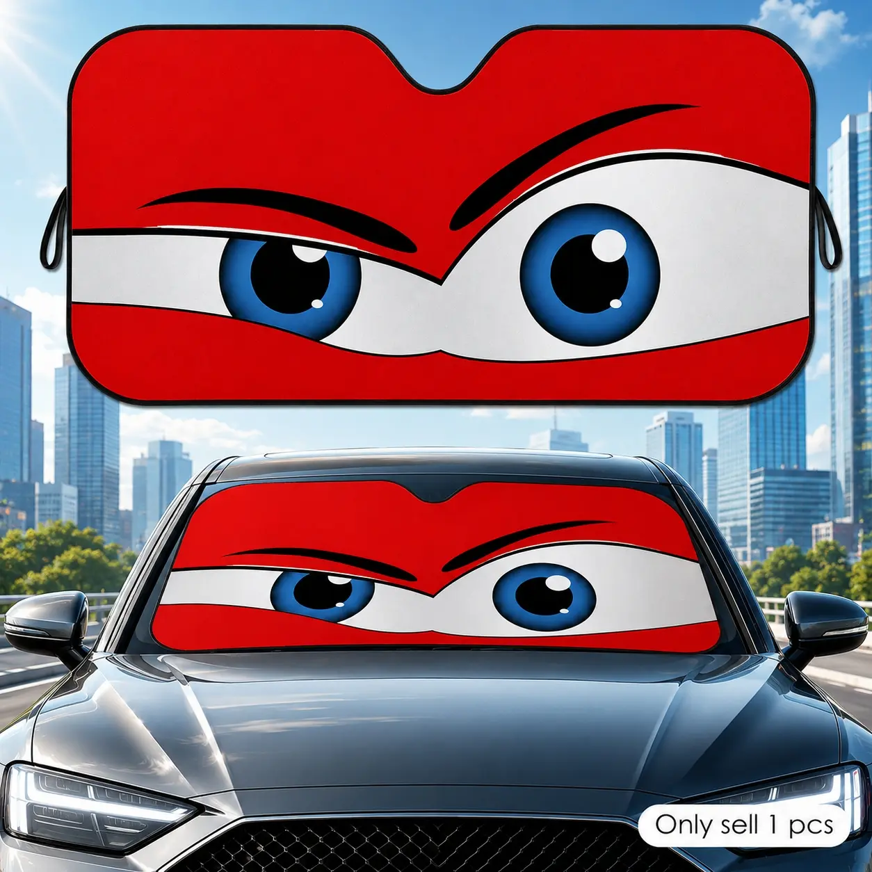 Cute Cartoon Big Red Eyes Car Windshield Sun Shade, Funny Creative Front Window Cover UV Protection Heat Blocking Foldable Auto Sun Visor Accessory for SUV Truck Sedan
