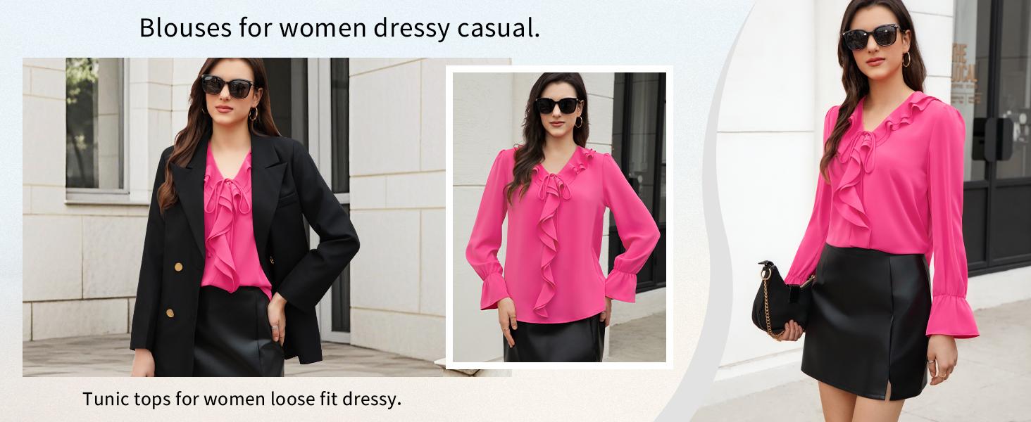 Women's Long Sleeve Chiffon Blouse with Ruffle Cuffs V Neck Tunic Top for Dressy Casual Wear Fall Trendy Work Shirts