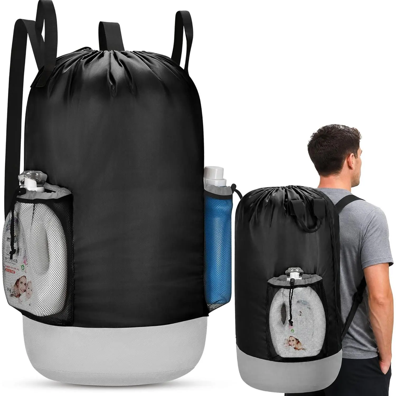 Large Backpack Laundry Bag (29" H × 15" Dia),  Clothes Hamper Bag, 900D Oxford Fabric  and Double-Layer Nylon Base,  for College Dorm, Travel, Apartment, Laundromat (Black)
