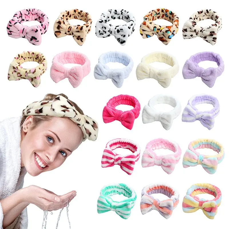 Leopard Print Solid Bow Fluffy Spa Headband Stretch Coral Fleece Hair Wrap For Women Face Washing Makeup
