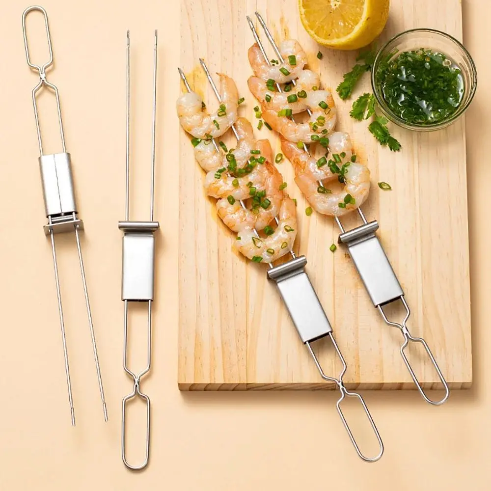 Stainless Steel Barbecue Grill Fork & Skewers Set, Barbeque-Style Double Pronged Forks for Shrimp, Meat, Veggies, Non-Slip Handle, Reusable, Easy to Clean, Ideal for Outdoor Grilling Parties, Barbeque-Style Barbecue Forks