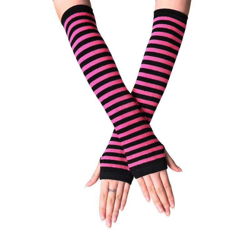 Women's Gothic Punk Striped Half-Finger Gloves, Knit Arm Warmers with Thumb Hole, Elastic Wrist and Arm Warmth, Fashionable Striped Design