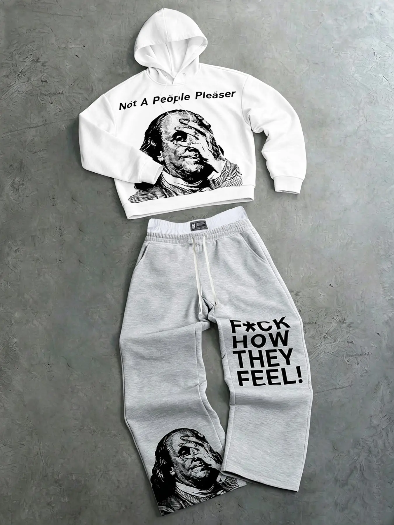 American Vintage Franklin Portrait Print Short Hoodie Set for Men, High Street Fashion Loose Straight Leg Sweatpants Two-Piece Set Outfit Suit Set