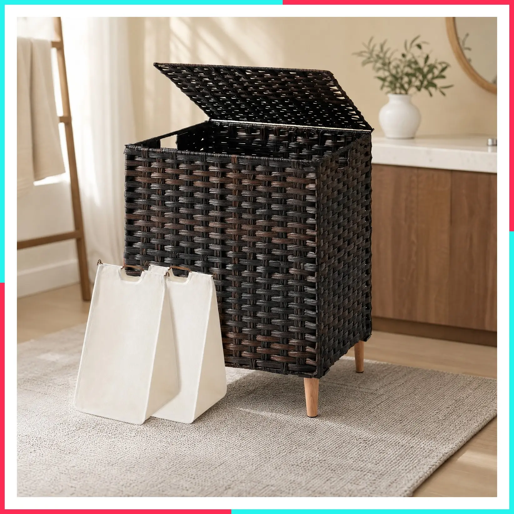2-Section Laundry Hamper with Lid, PE Rattan, 29 Gallons (110 L)