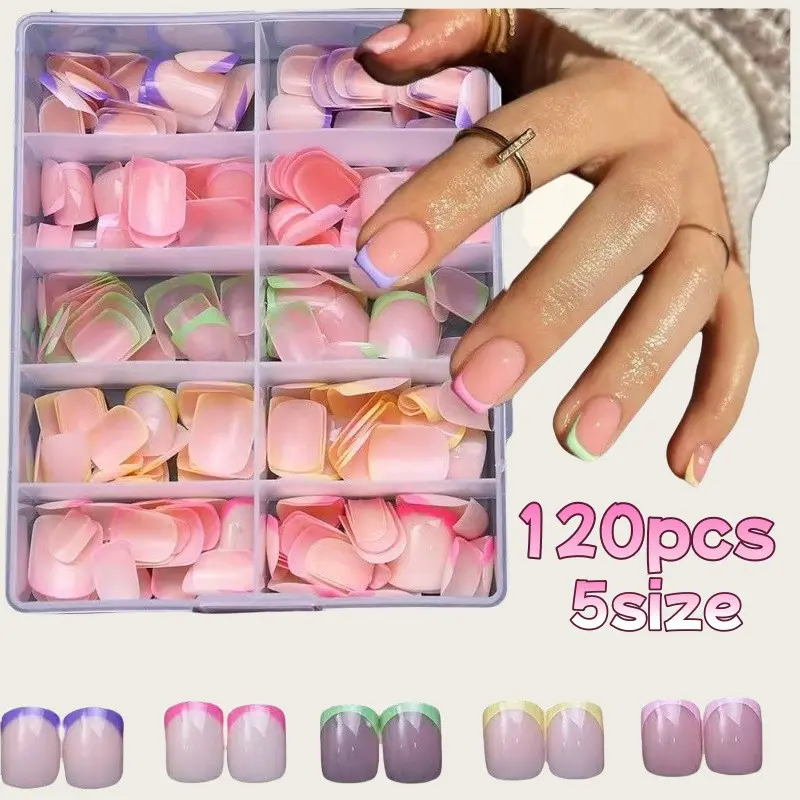 120pcs Boxed Colorful Short French Nail Stickers, Multi-Color Wearable False Nails, Detachable Nail Tips, Easy Application