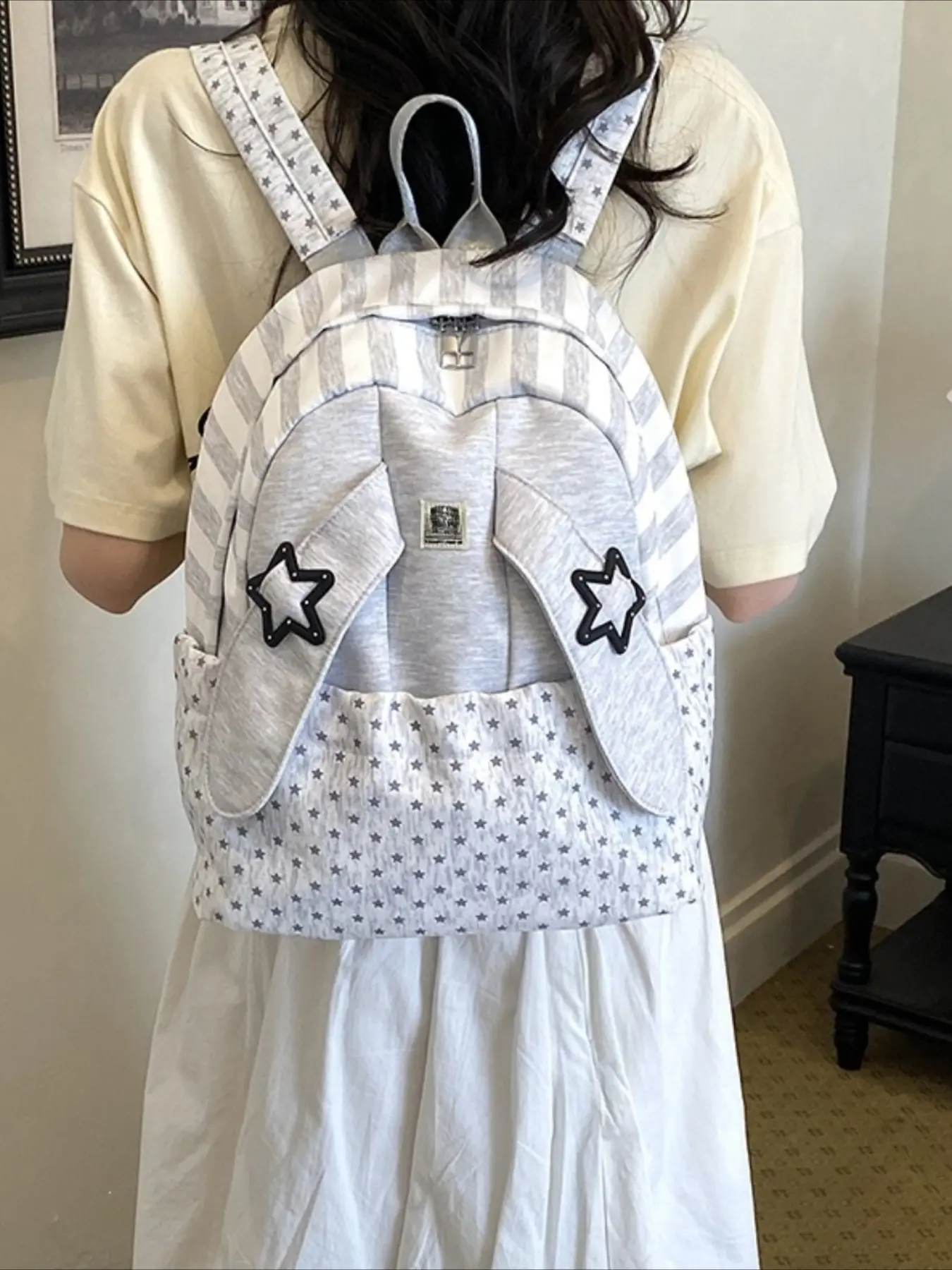 Teen Girls' Cute Bunny Ears Backpack, Polyester Large Capacity Star Color-Block Handbag, School Commute Shopping Short Trip Backpack